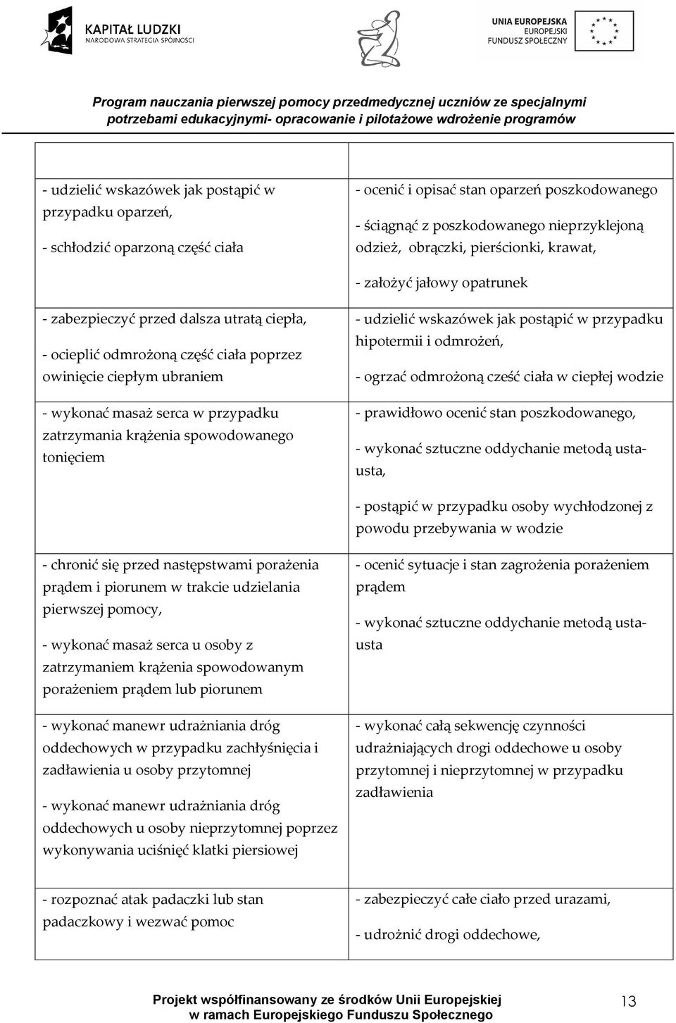 zatrzymania krążenia spowodowanego tonięciem - udzielić wskazówek jak postąpić w przypadku hipotermii i odmrożeń, - ogrzać odmrożoną cześć ciała w ciepłej wodzie - prawidłowo ocenić stan