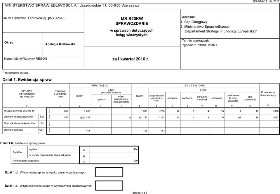 Ministerstwo Sprawiedliwości Departament Strategii i Funduszy Europejskich Termin przekazania: zgodnie z PBSSP 2016 r. Numer identyfikacyjny REGON za I kwartał 2016 r. * ) Niepotrzebne skreślić.