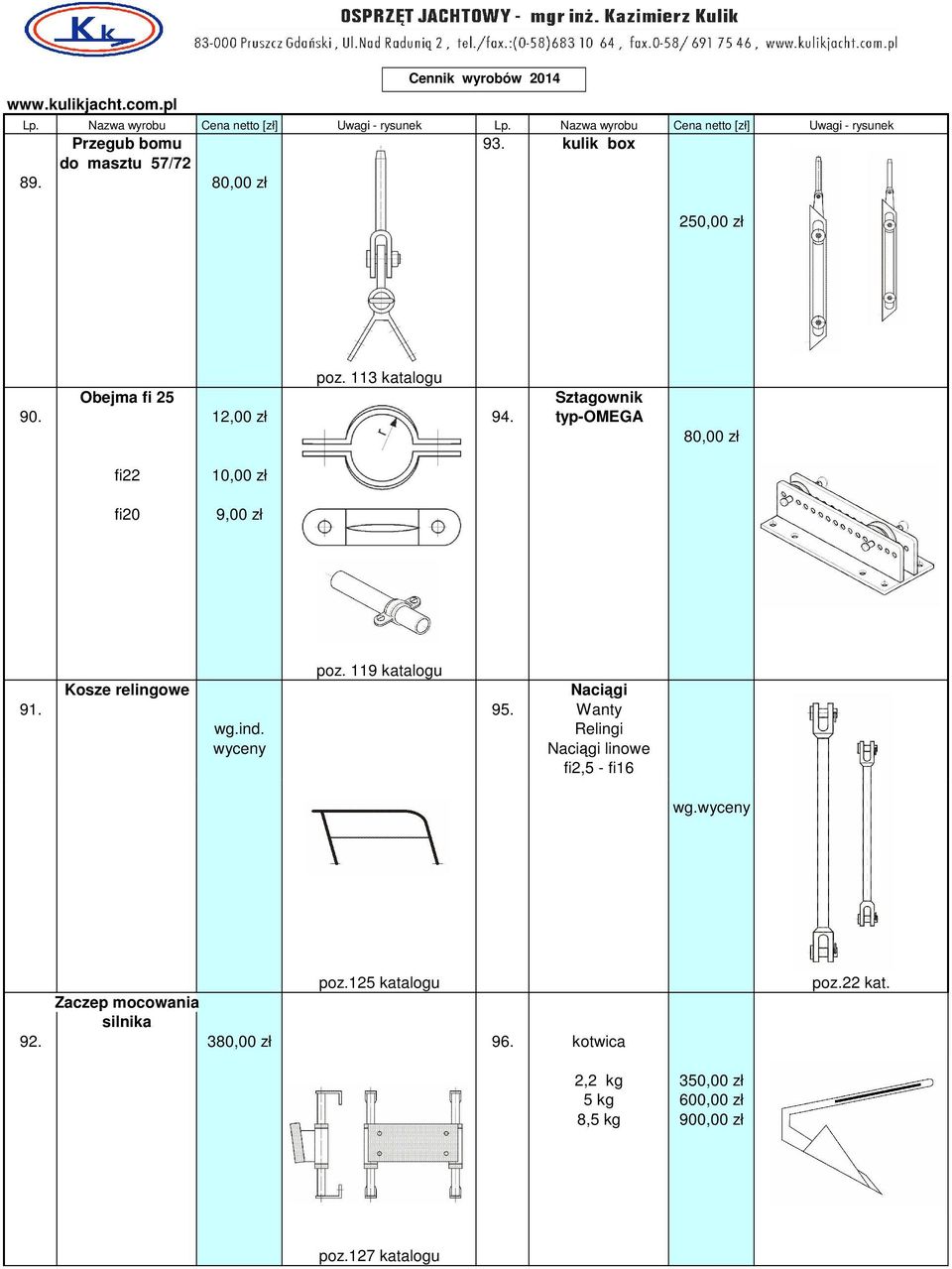 119 katalogu Kosze relingowe Naciągi 91. 95. Wanty wg.ind. Relingi wyceny Naciągi linowe fi2,5 - fi16 wg.