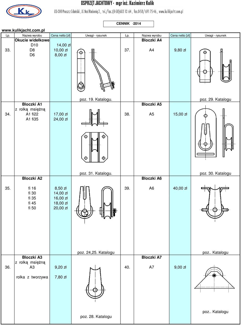 Katalogu. Bloczki A6 poz. 30. Katalogu 35. fi 16 8,50 zł 39. A6 40,00 zł fi 30 14,00 zł fi 35 16,00 zł fi 45 18,00 zł fi 50 20,00 zł poz.