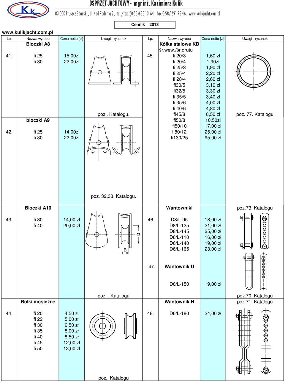 fi45/8 8,50 zł poz. 77. Katalogu bloczki A9 fi50/8 10,50zl fi50/10 17,00 zł 42. fi 25 14,00zl fi80/12 25,00 zł fi 30 22,00zl fi130/25 95,00 zł poz. 32,33. Katalogu. Bloczki A10 Wantowniki poz.73.
