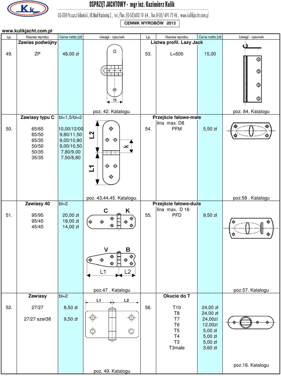poz. 43,44,45. Katalogu. Zawiasy 40 bl=2 Przejście fałowe-duŝe lina max. D 16 51. 95/95 20,00 zł 55. PFD 9,50 zł 95/45 18,00 zł 45/45 14,00 zł poz.58. Katalogu poz.47.