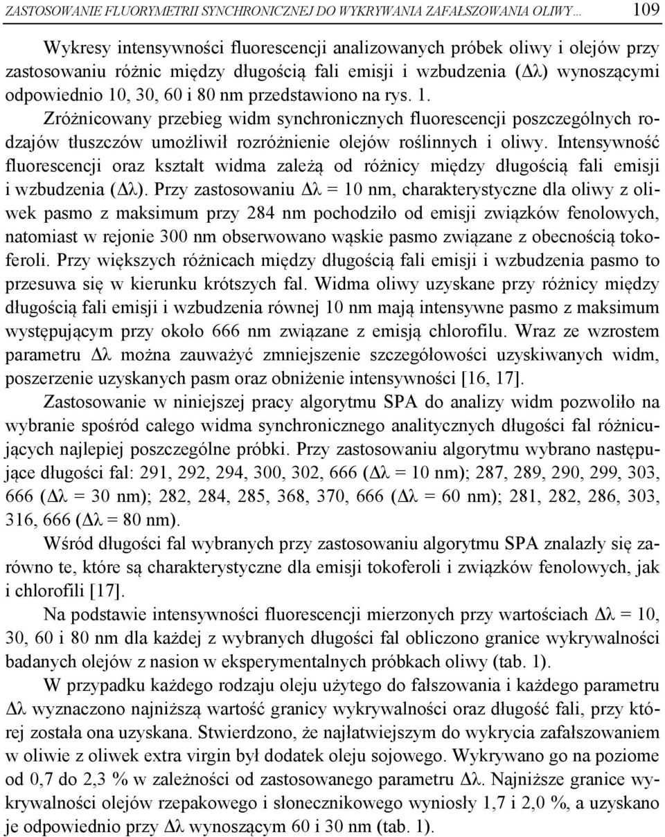 Intensywność fluorescencji oraz kształt widma zależą od różnicy między długością fali emisji i wzbudzenia (Δλ).