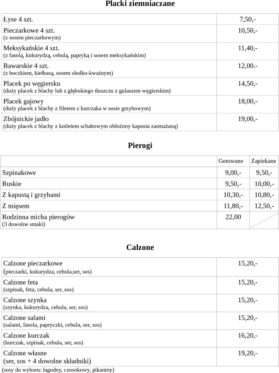 sosie grzybowym) Zbójnickie jadło (duży placek z blachy z kotletem schabowym obłożony kapusta zasmażaną) Pierogi Gotowane Łyse 4 szt. 7,50,- 10,50,- 11,40,- 12,00.