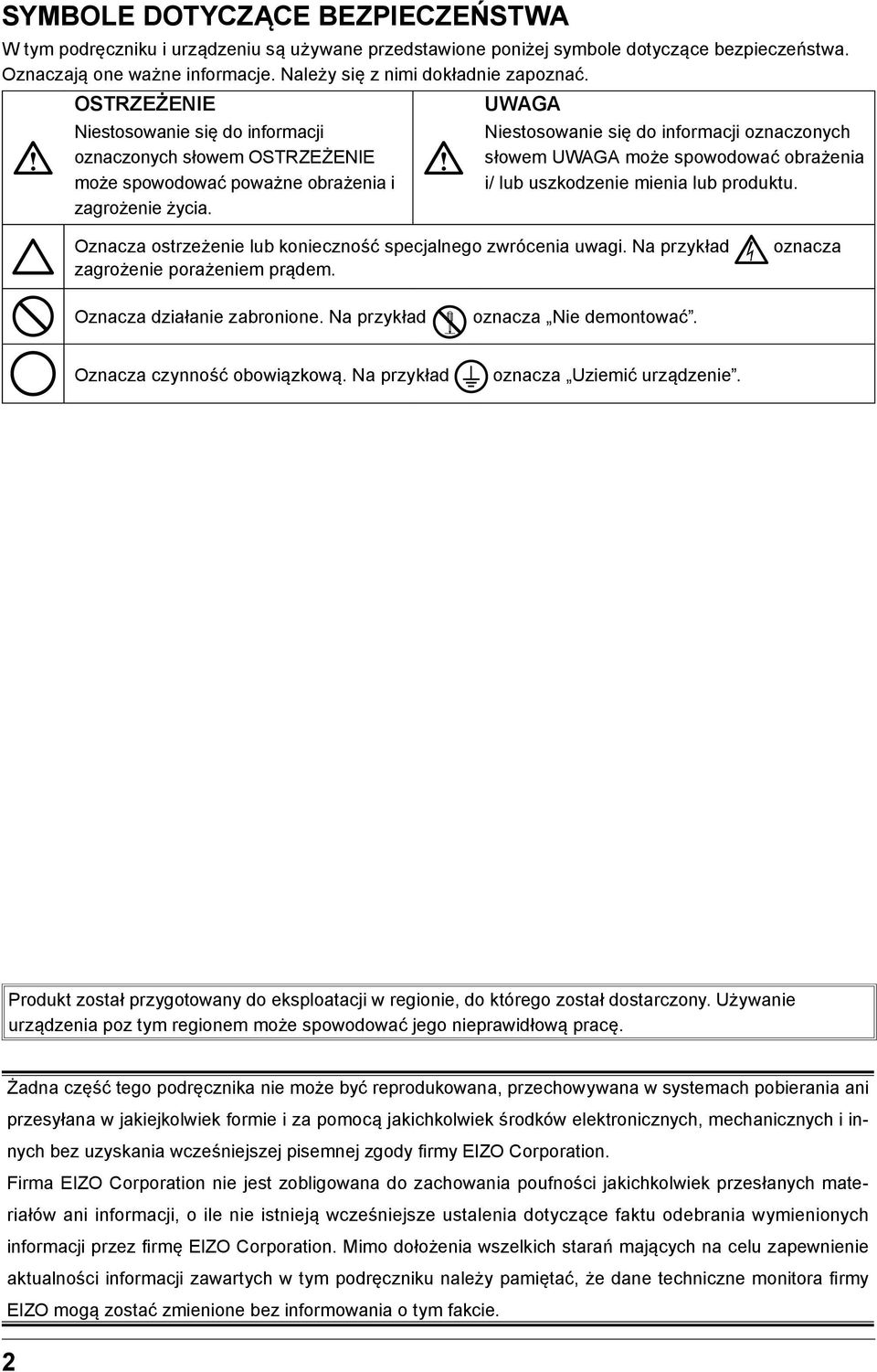 Niestosowanie się do informacji oznaczonych słowem UWAGA może spowodować obrażenia i/ lub uszkodzenie mienia lub produktu. Oznacza ostrzeżenie lub konieczność specjalnego zwrócenia uwagi.