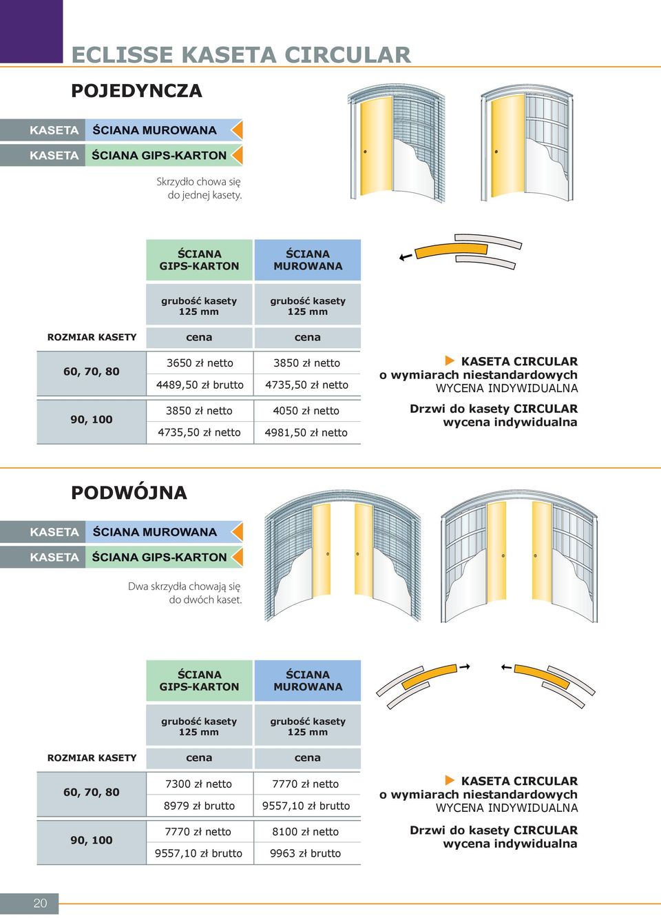 niestandardowych WYCENA INDYWIDUALNA 90, 100 3850 zł netto 4735,50 zł netto 4050 zł netto 4981,50 zł netto Drzwi do kasety CIRCULAR wy indywidualna PODWÓJNA Dwa skrzydła chowają się do dwóch kaset.