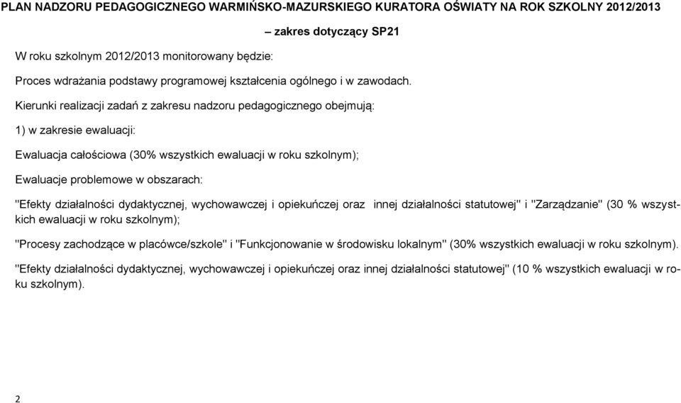 Kierunki realizacji zadań z zakresu nadzoru pedagogicznego obejmują: 1) w zakresie ewaluacji: Ewaluacja całościowa (30% wszystkich ewaluacji w roku szkolnym); Ewaluacje problemowe w obszarach: