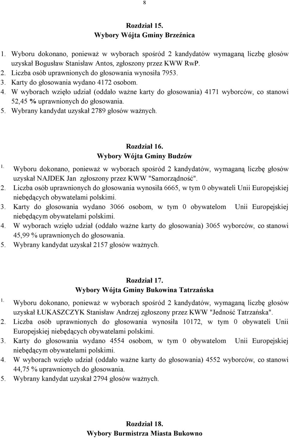 Rozdział 16. Wybory Wójta Gminy Budzów Wyboru dokonano, ponieważ w wyborach spośród 2 kandydatów, wymaganą liczbę głosów uzyskał NAJDEK Jan zgłoszony przez KWW "Samorządność". 2. Liczba osób uprawnionych do głosowania wynosiła 6665, w tym 0 obywateli Unii Europejskiej 3.