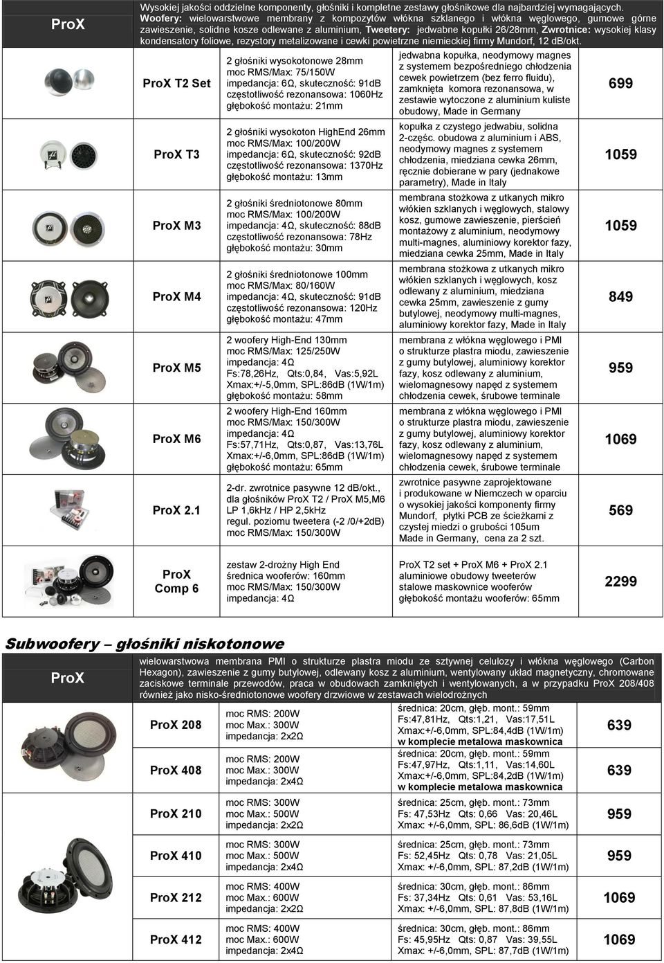 wysokiej klasy kondensatory foliowe, rezystory metalizowane i cewki powietrzne niemieckiej firmy Mundorf, 12 db/okt. ProX T2 Set ProX T3 ProX M3 ProX M4 ProX M5 ProX M6 ProX 2.