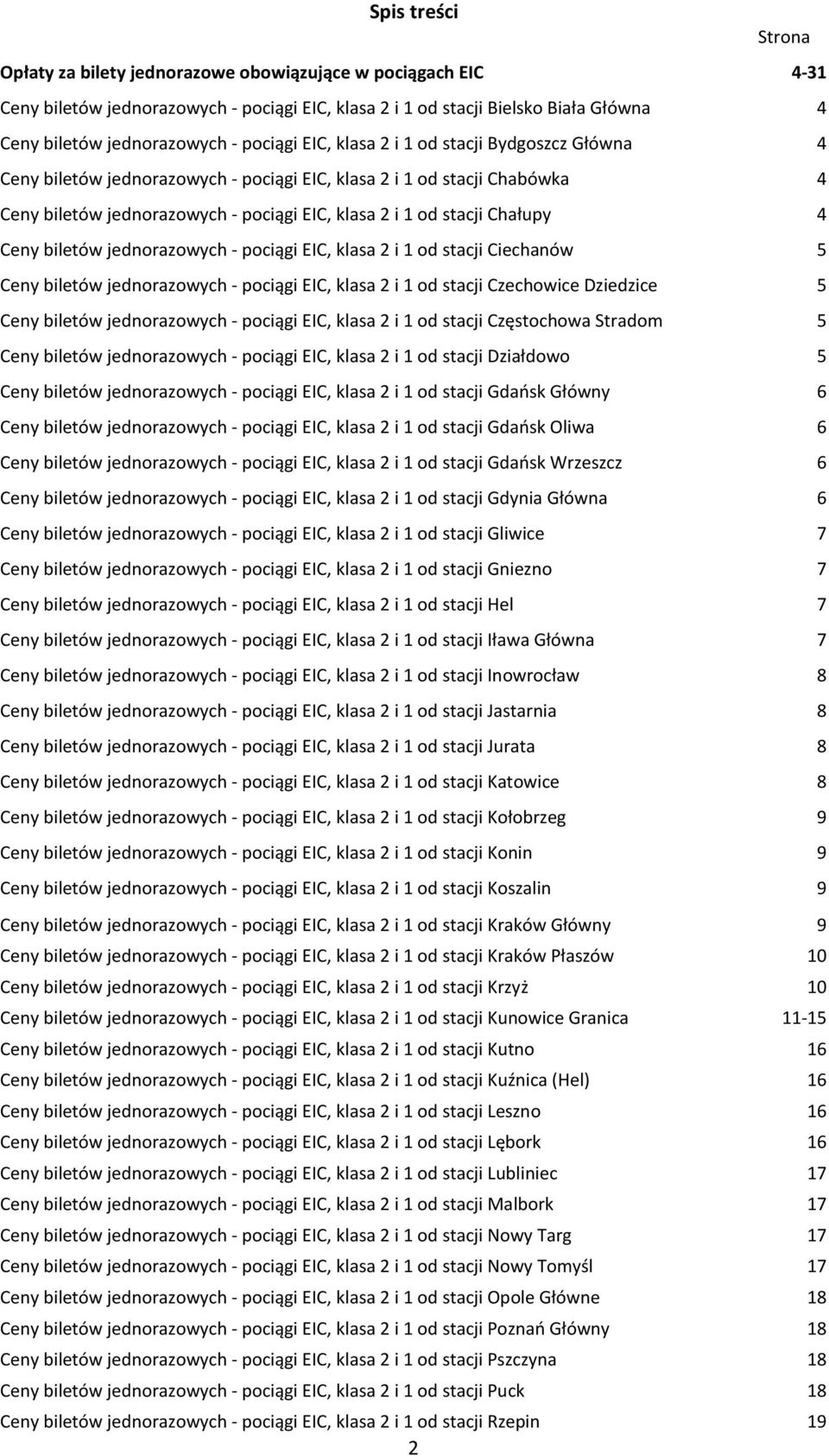 Działdowo 5, klasa 2 i 1 od stacji Gdańsk Główny 6, klasa 2 i 1 od stacji Gdańsk Oliwa 6, klasa 2 i 1 od stacji Gdańsk Wrzeszcz 6, klasa 2 i 1 od stacji Gdynia Główna 6, klasa 2 i 1 od stacji Gliwice