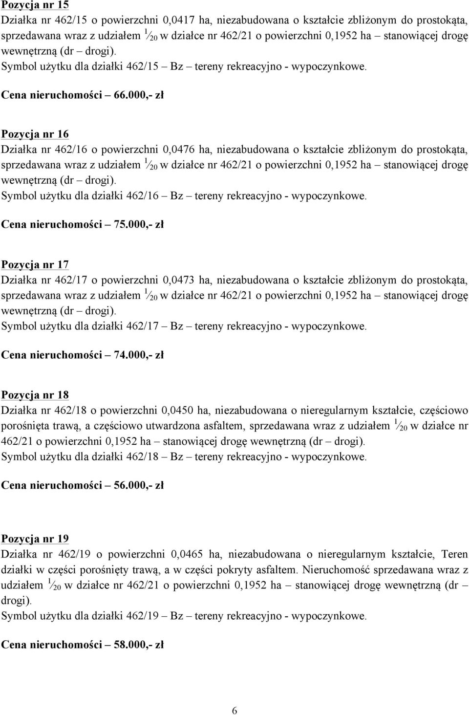 000,- zł Pozycja nr 16 Działka nr 462/16 o powierzchni 0,0476 ha, niezabudowana o kształcie zbliżonym do prostokąta, Symbol użytku dla działki 462/16 Bz tereny rekreacyjno - wypoczynkowe.