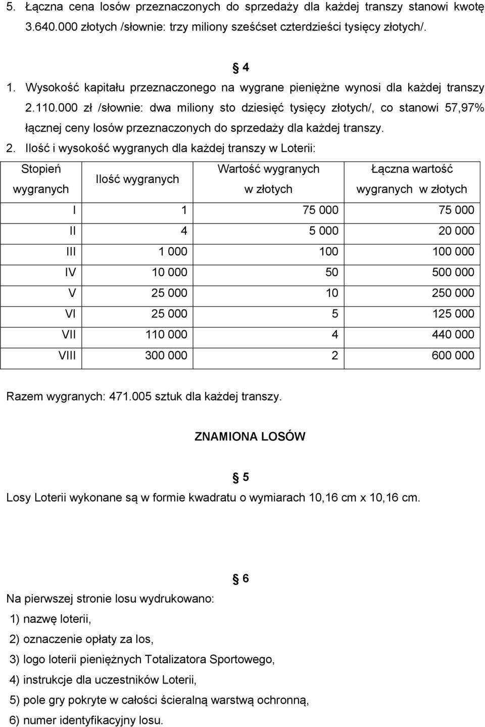 000 zł /słownie: dwa miliony sto dziesięć tysięcy złotych/, co stanowi 57,97% łącznej ceny losów przeznaczonych do sprzedaży dla każdej transzy. 2.