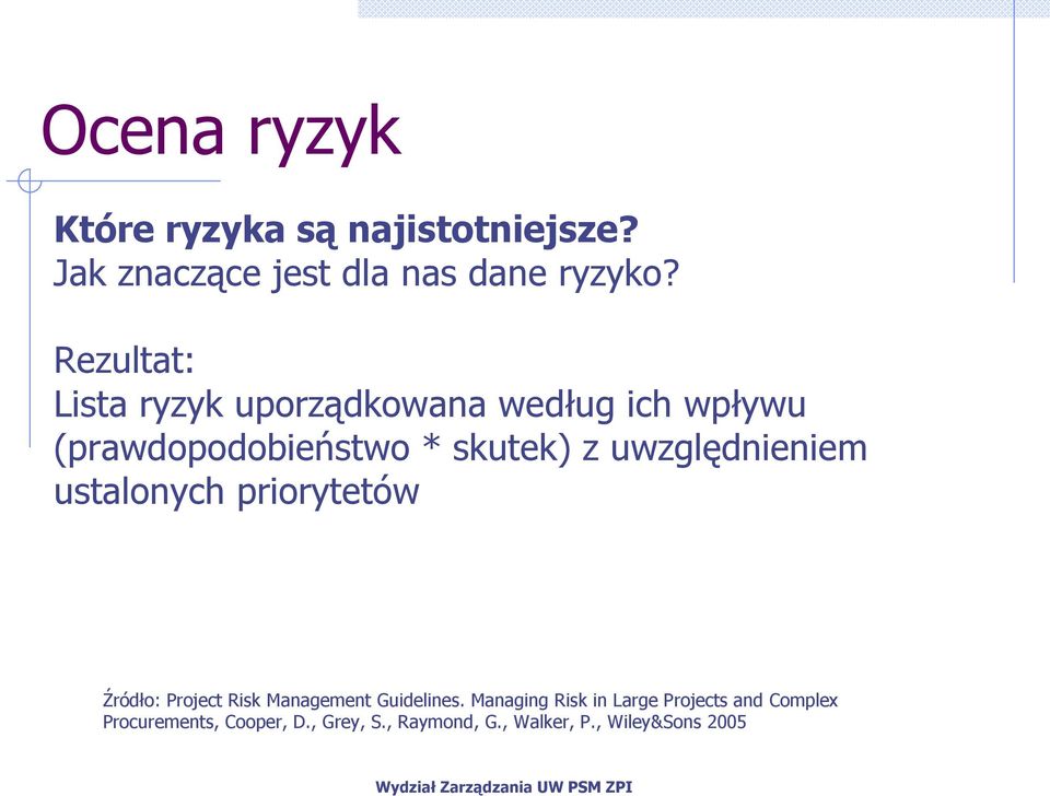 uwzględnieniem ustalonych priorytetów Źródło: Project Risk Management Guidelines.