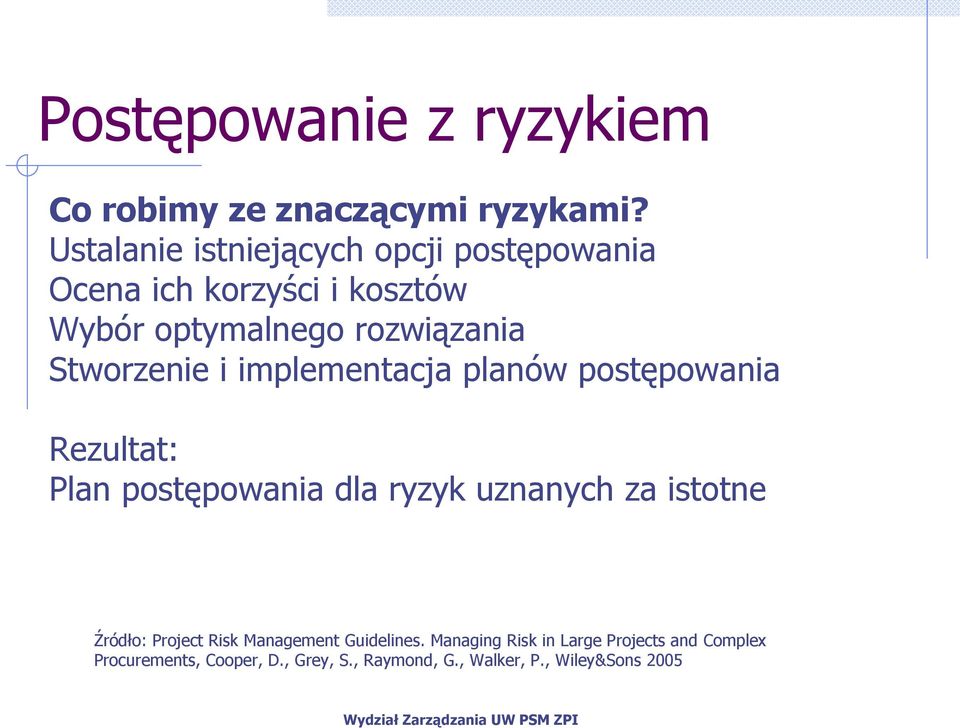 Stworzenie i implementacja planów postępowania Rezultat: Plan postępowania dla ryzyk uznanych za istotne