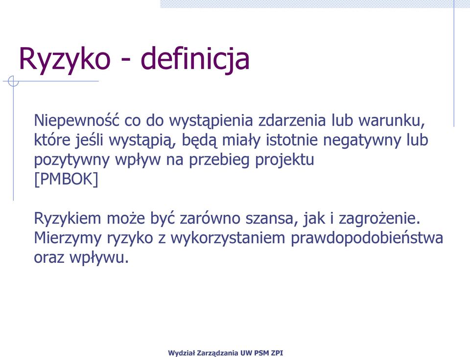 na przebieg projektu [PMBOK] Ryzykiem moŝe być zarówno szansa, jak i