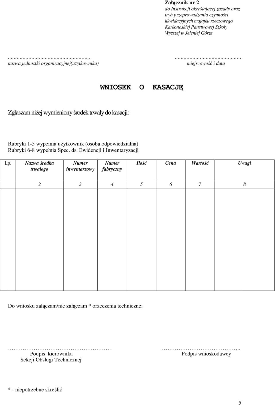 . nazwa jednostki organizacyjnej(użytkownika) miejscowość i data WNIOSEK O KASACJĘ Zgłaszam niżej wymieniony środek trwały do kasacji: Rubryki 1-5 wypełnia użytkownik