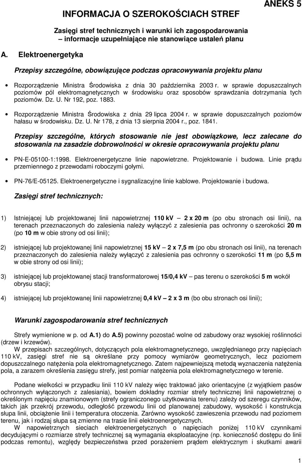 planu Rozporządzenie Ministra Środowiska z dnia 30 października 2003 r. w sprawie dopuszczalnych poziomów pól elektromagnetycznych w środowisku oraz sposobów sprawdzania dotrzymania tych poziomów. Dz.