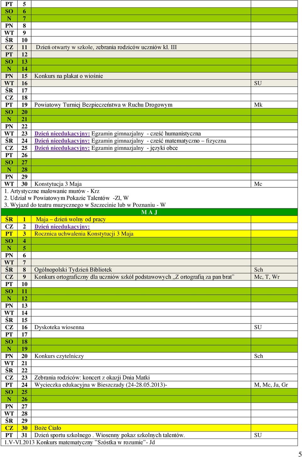 - cześć humanistyczna ŚR 24 Dzień nieedukacyjny: Egzamin gimnazjalny - cześć matematyczno fizyczna CZ 25 Dzień nieedukacyjny: Egzamin gimnazjalny - języki obce PT 26 SO 27 N 28 PN 29 WT 30