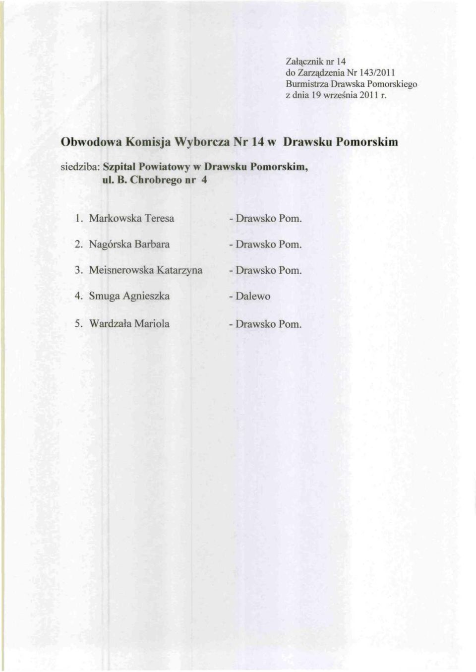 B. Chrobrego nr 4 1. Markowska Teresa 2. Nagórska Barbara 3.