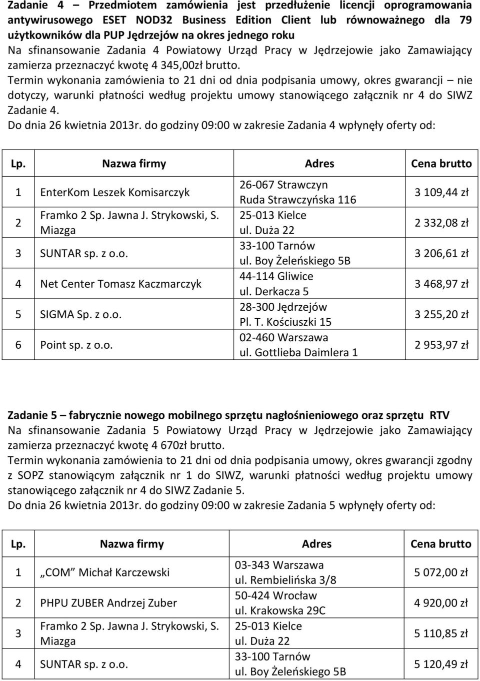 Termin wykonania zamówienia to 21 dni od dnia podpisania umowy, okres gwarancji nie dotyczy, warunki płatności według projektu umowy stanowiącego załącznik nr 4 do SIWZ Zadanie 4.