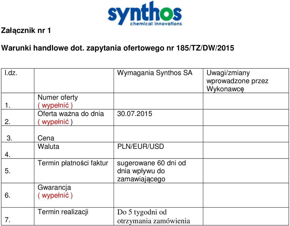 ( wypełnić ) Oferta ważna do dnia 30.07.2015 2. ( wypełnić ) 3. Cena Waluta 4.