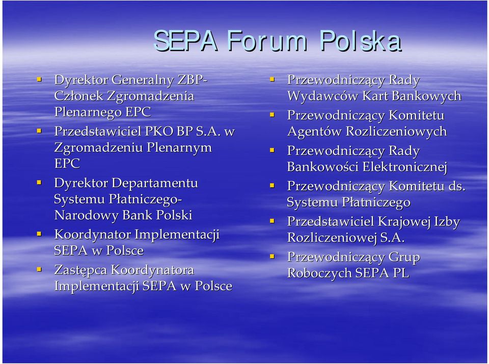 Polsce Przewodniczący cy Rady Wydawców w Kart Bankowych Przewodniczący cy Komitetu Agentów w Rozliczeniowych Przewodniczący cy Rady Bankowości