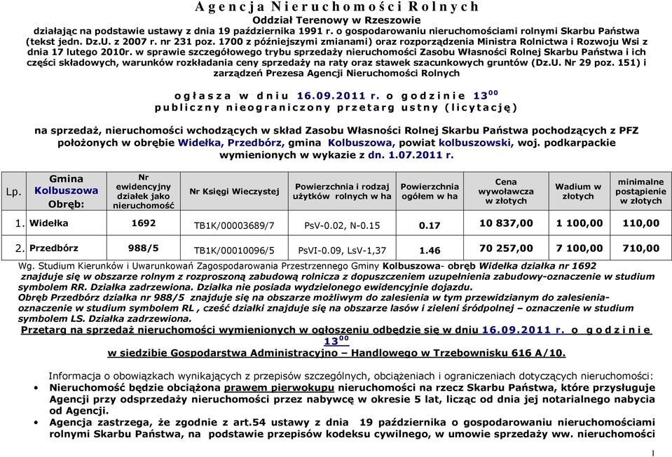 1700 z późniejszymi zmianami) oraz rozporządzenia Ministra Rolnictwa i Rozwoju Wsi z dnia 17 lutego 2010r.