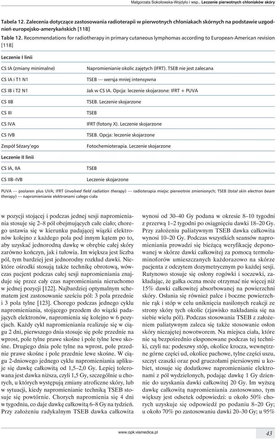 Recommendations for radiotherapy in primary cutaneous lymphomas according to European-American revision [118] CS IA (zmiany minimalne) CS IA i T1 N1 CS IB i T2 N1 CS IIB CS III CS IVA CS IVB Zespół