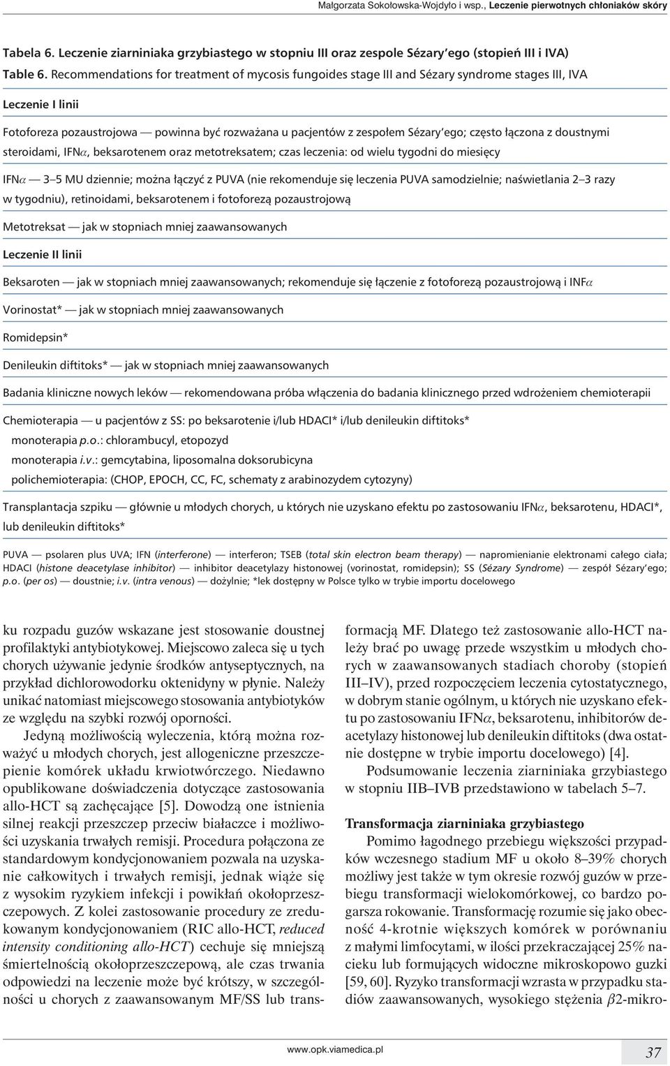 doustnymi steroidami, IFNa, beksarotenem oraz metotreksatem; czas leczenia: od wielu tygodni do miesięcy IFNa 3 5 MU dziennie; można łączyć z PUVA (nie rekomenduje się leczenia PUVA samodzielnie;