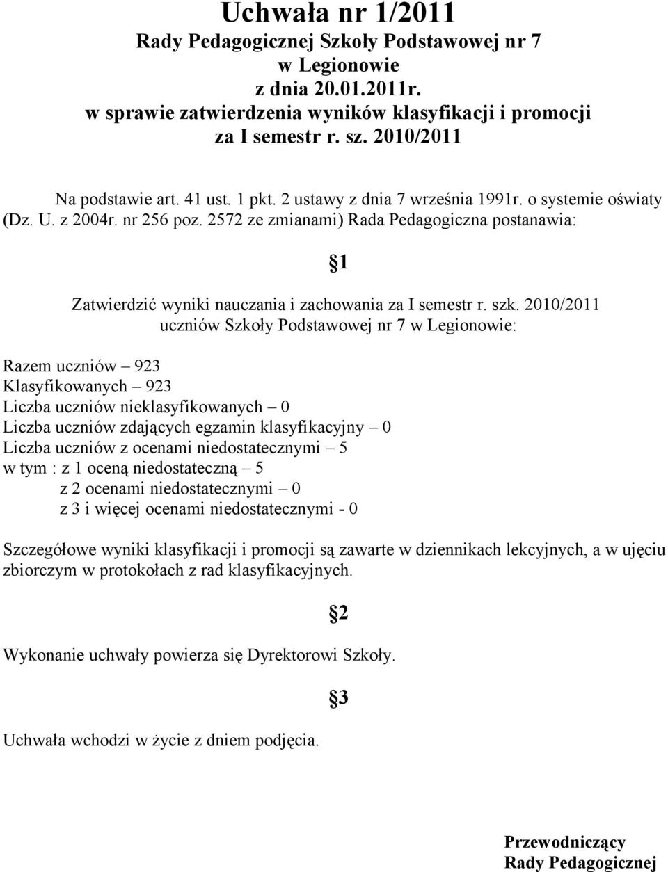 2010/2011 uczniów Szkoły Podstawowej nr 7 : Razem uczniów 923 Klasyfikowanych 923 Liczba uczniów nieklasyfikowanych 0 Liczba uczniów zdających egzamin klasyfikacyjny 0 Liczba uczniów z ocenami