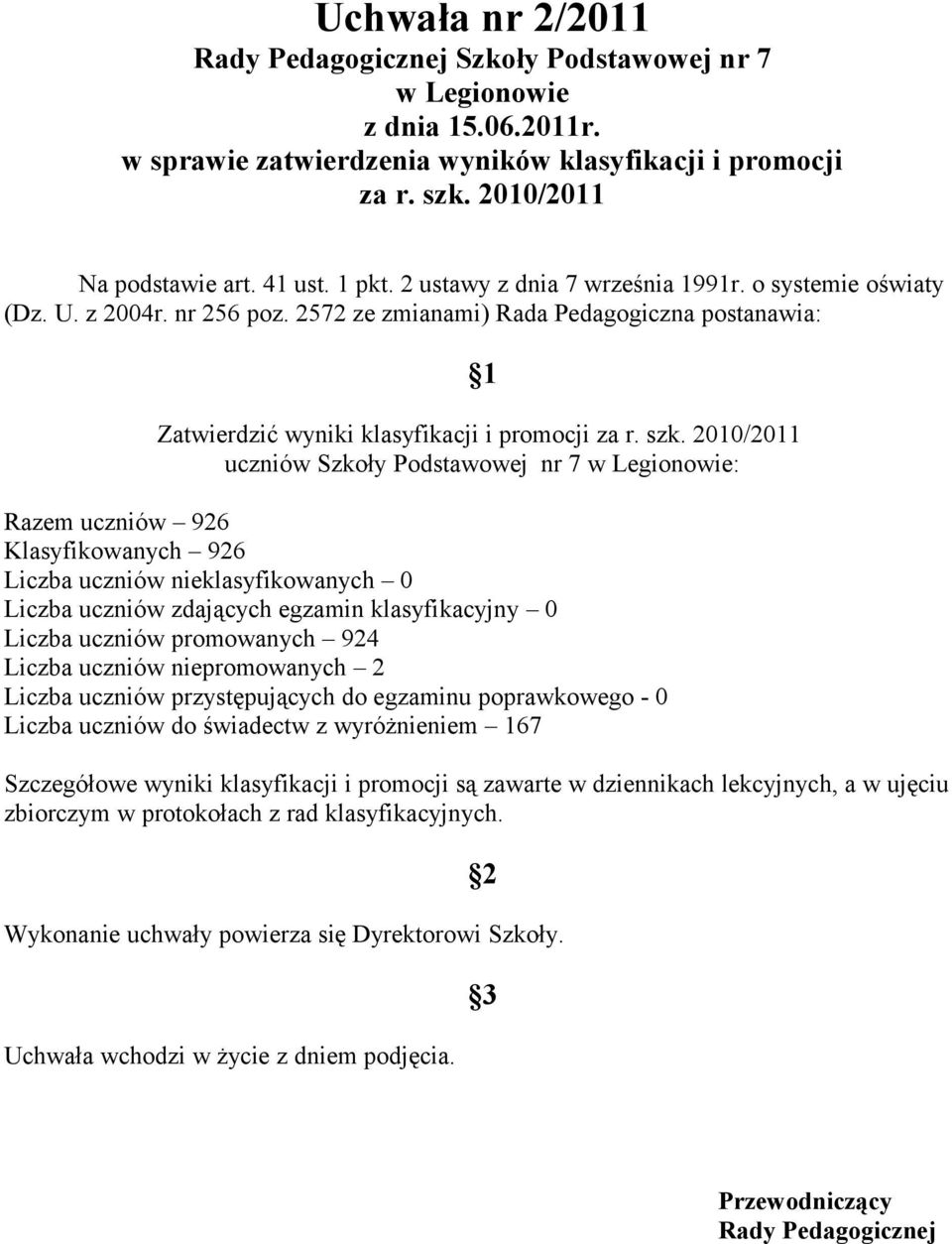 2010/2011 uczniów Szkoły Podstawowej nr 7 : Razem uczniów 926 Klasyfikowanych 926 Liczba uczniów nieklasyfikowanych 0 Liczba uczniów zdających egzamin klasyfikacyjny 0 Liczba uczniów promowanych 924