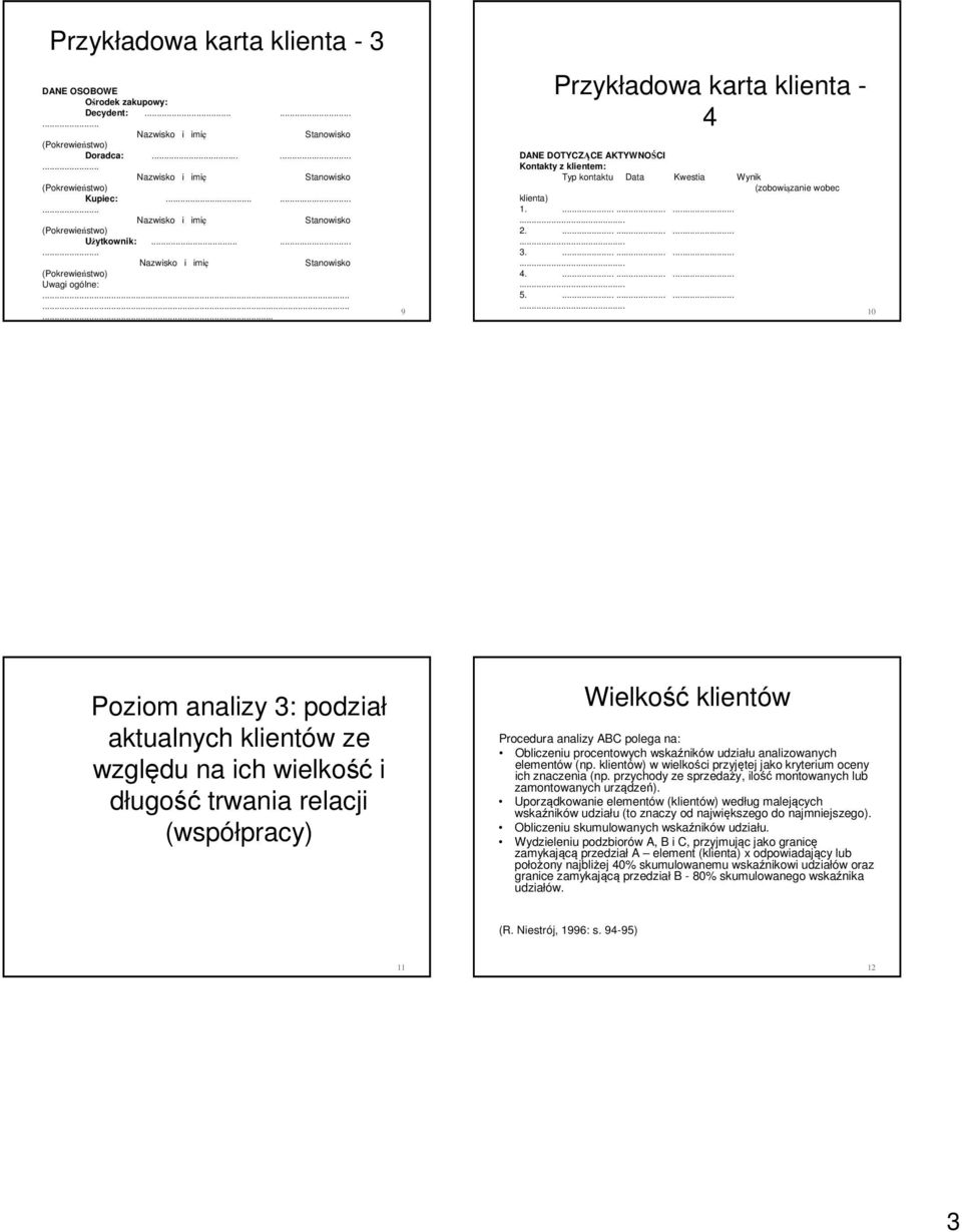 ........ 9 Przykładowa karta klienta - 4 DANE DOTYCZĄCE AKTYWNOŚCI Kontakty z klientem: Typ kontaktu Data Kwestia Wynik (zobowiązanie wobec klienta) 1............. 2............. 3............. 4............. 5.