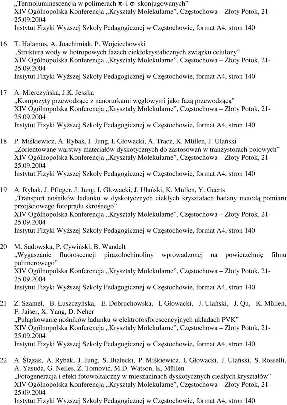 Ulański Zorientowane warstwy materiałów dyskotycznych do zastosowań w tranzystorach polowych 19 A. Rybak, J. Pfleger, J. Jung, I. Głowacki, J. Ulański, K. Müllen, Y.