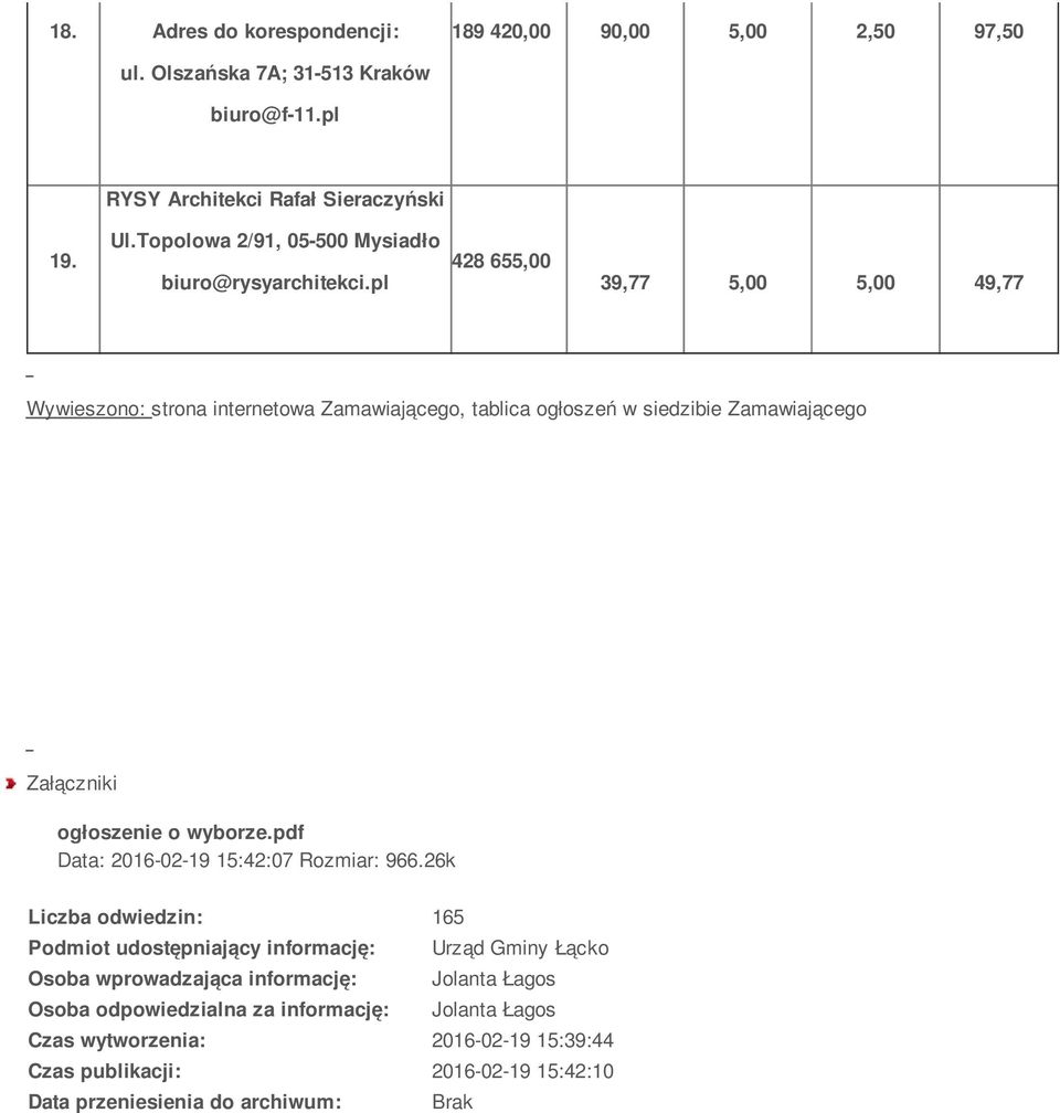 pl 428 65 39,77 49,77 Wywieszono: strona internetowa Zamawiającego, tablica ogłoszeń w siedzibie Zamawiającego Załączniki ogłoszenie o wyborze.