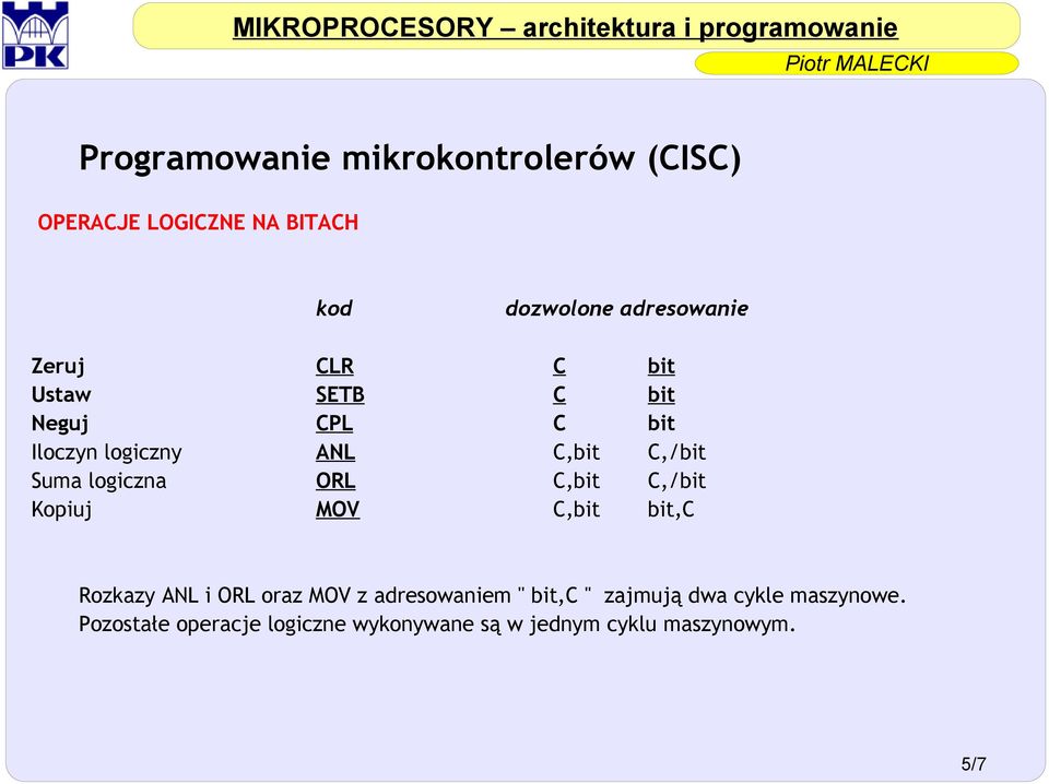 C,bit bit,c Rozkazy ANL i ORL oraz MOV z adresowaniem '' bit,c '' zajmują dwa