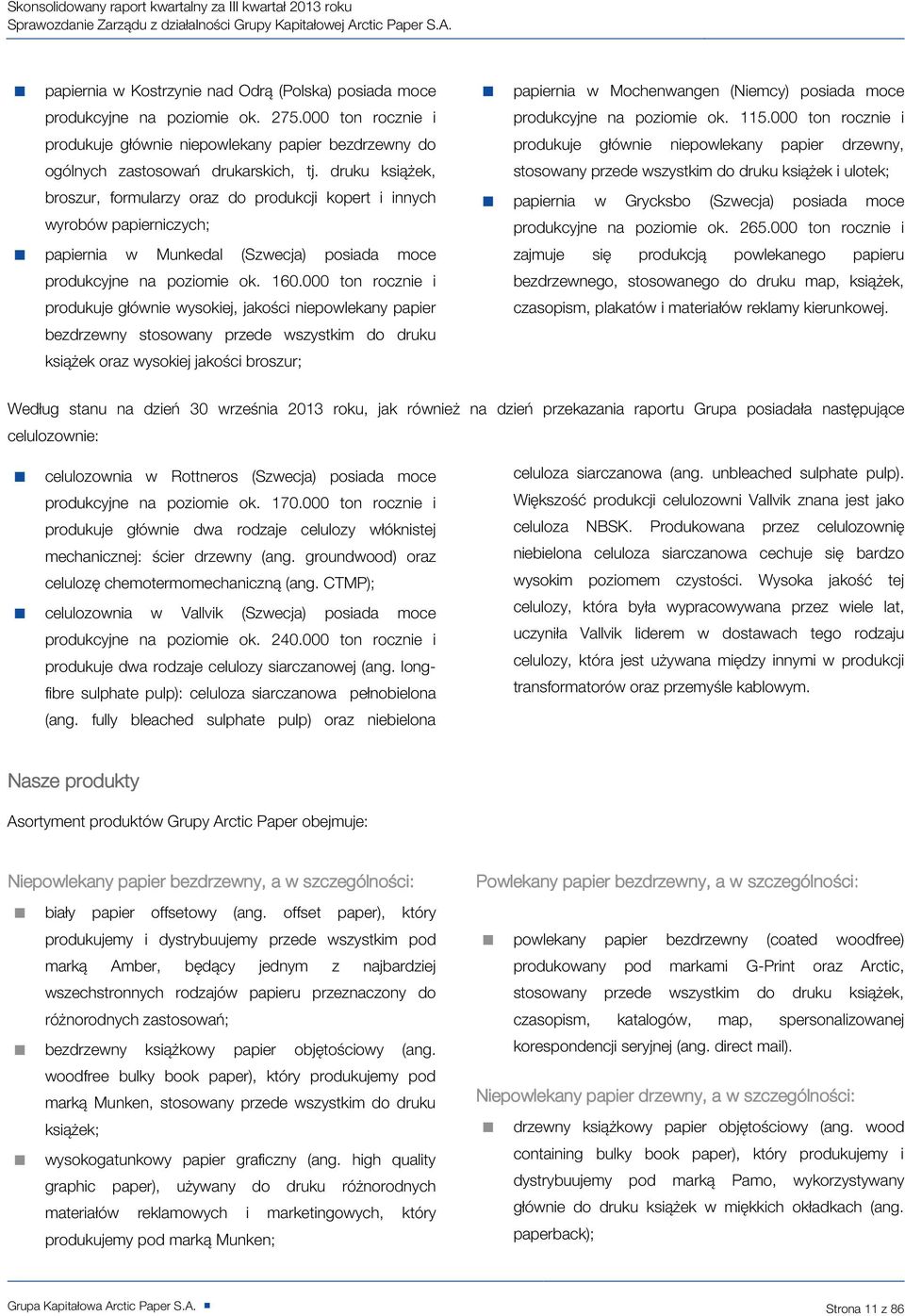 druku książek, broszur, formularzy oraz do produkcji kopert i innych wyrobów papierniczych; papiernia w Munkedal (Szwecja) posiada moce produkcyjne na poziomie ok. 160.