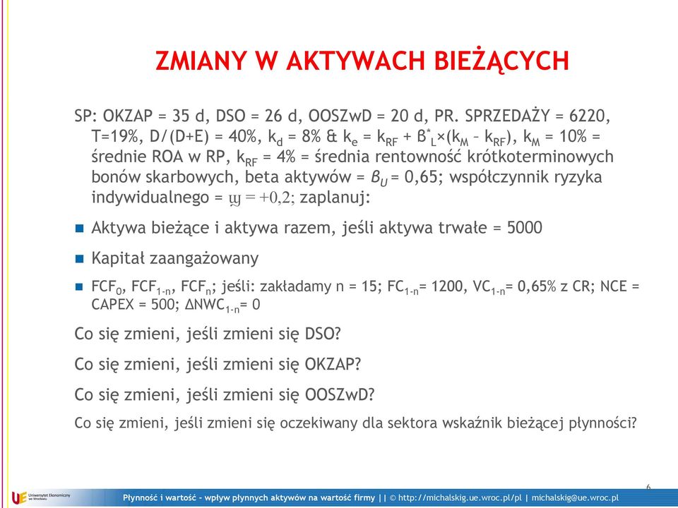 aktywów = β U = 0,65; współczynnik ryzyka indywidualnego = ϣ = +0,2; zaplanuj: Aktywa bieżące i aktywa razem, jeśli aktywa trwałe = 5000 Kapitał zaangażowany FCF 0, FCF 1-n, FCF n ;