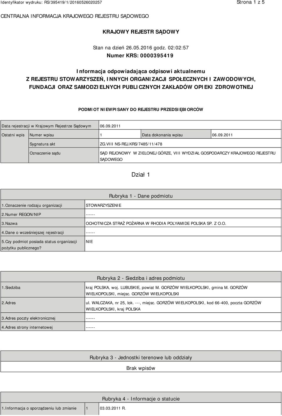 OPIEKI ZDROWOTNEJ PODMIOT NIEWPISANY DO REJESTRU PRZEDSIĘBIORCÓW Data rejestracji w Krajowym Rejestrze Sądowym 06.09.2011 Ostatni wpis Numer wpisu 1 Data dokonania wpisu 06.09.2011 Sygnatura akt Oznaczenie sądu ZG.