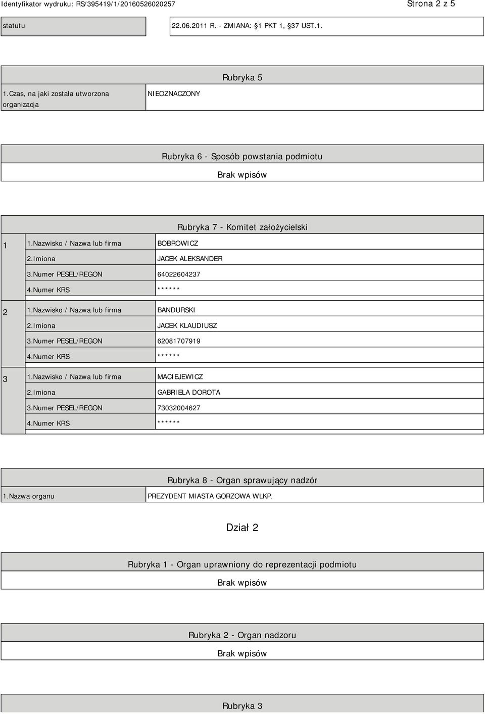 Nazwisko / Nazwa lub firma BOBROWICZ Rubryka 7 - Komitet założycielski JACEK ALEKSANDER 3.Numer PESEL/REGON 64022604237 2 1.