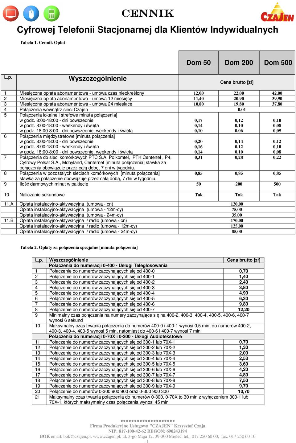 Wyszczególnienie Cena brutto [zł] 1 Miesięczna opłata abonamentowa - umowa czas nieokreślony 12,00 22,00 42,00 2 Miesięczna opłata abonamentowa - umowa 12 miesięcy 11,40 20,90 39,90 3 Miesięczna