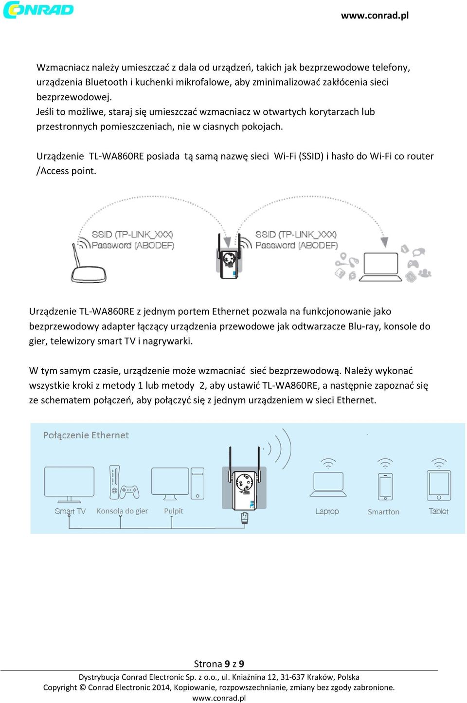 Urządzenie TL-WA860RE posiada tą samą nazwę sieci Wi-Fi (SSID) i hasło do Wi-Fi co router /Access point.