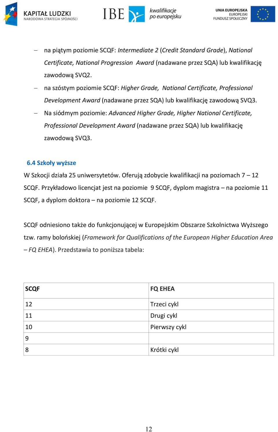 Na siódmym poziomie: Advanced Higher Grade, Higher National Certificate, Professional Development Award (nadawane przez SQA) lub kwalifikację zawodową SVQ3. 6.