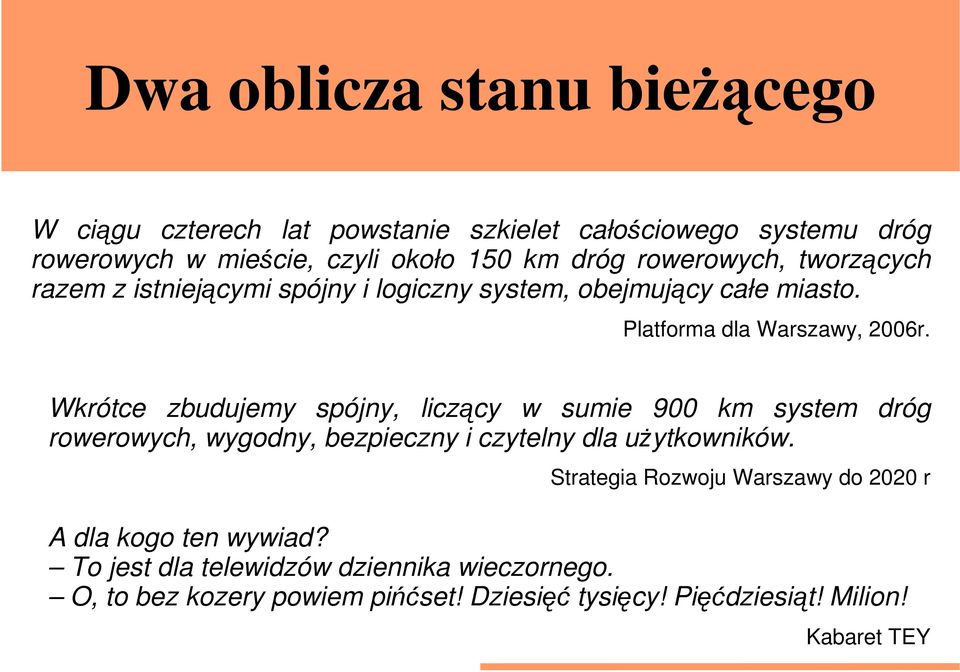 Wkrótce zbudujemy spójny, liczący w sumie 900 km system dróg rowerowych, wygodny, bezpieczny i czytelny dla uŝytkowników.