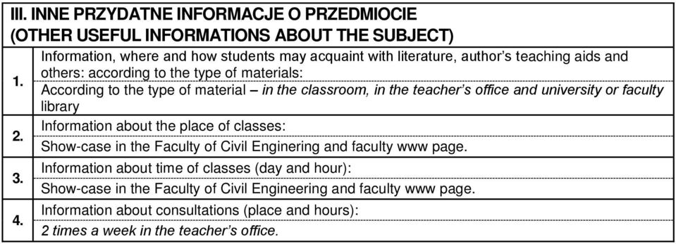 material in the classroom, in the teacher s office and university or faculty library Information about the place of classes: Show-case in the Faculty of Civil