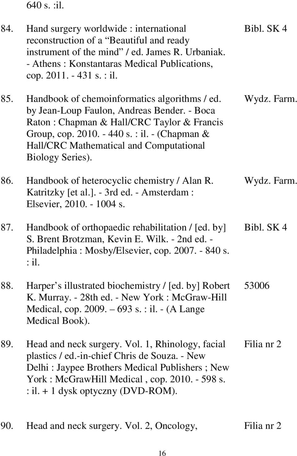 86. Handbook of heterocyclic chemistry / Alan R. Katritzky [et al.]. - 3rd ed. - Amsterdam : Elsevier, 2010. - 1004 s. 87. Handbook of orthopaedic rehabilitation / [ed. by] S. Brent Brotzman, Kevin E.