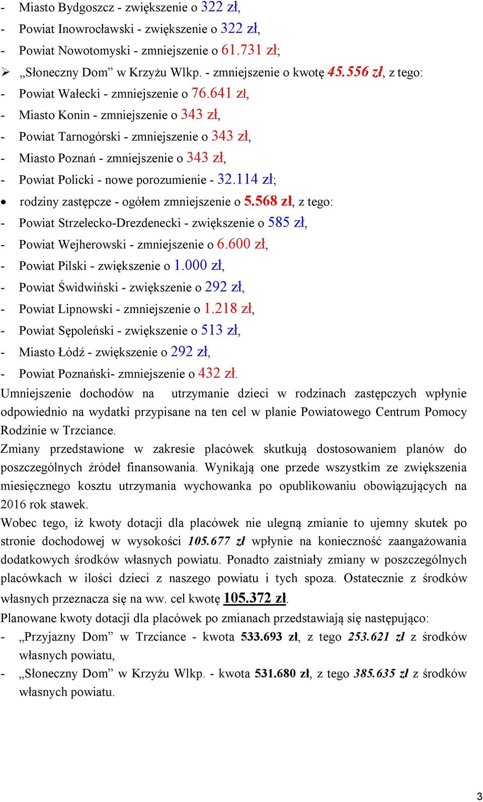 641 zł, - Miasto Konin - zmniejszenie o 343 zł, - Powiat Tarnogórski - zmniejszenie o 343 zł, - Miasto Poznań - zmniejszenie o 343 zł, - Powiat Policki - nowe porozumienie - 32.