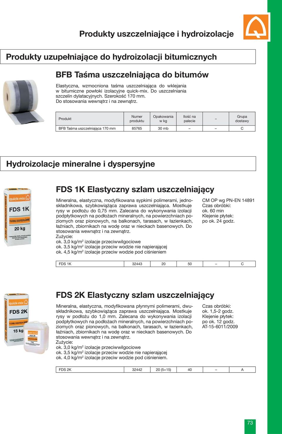 w kg Ilość na palecie BFB Taśma uszczelniająca 170 mm 85765 30 mb C Hydroizolacje mineralne i dyspersyjne FDS 1K Elastyczny szlam uszczelniający Mineralna, elastyczna, modyfikowana sypkimi