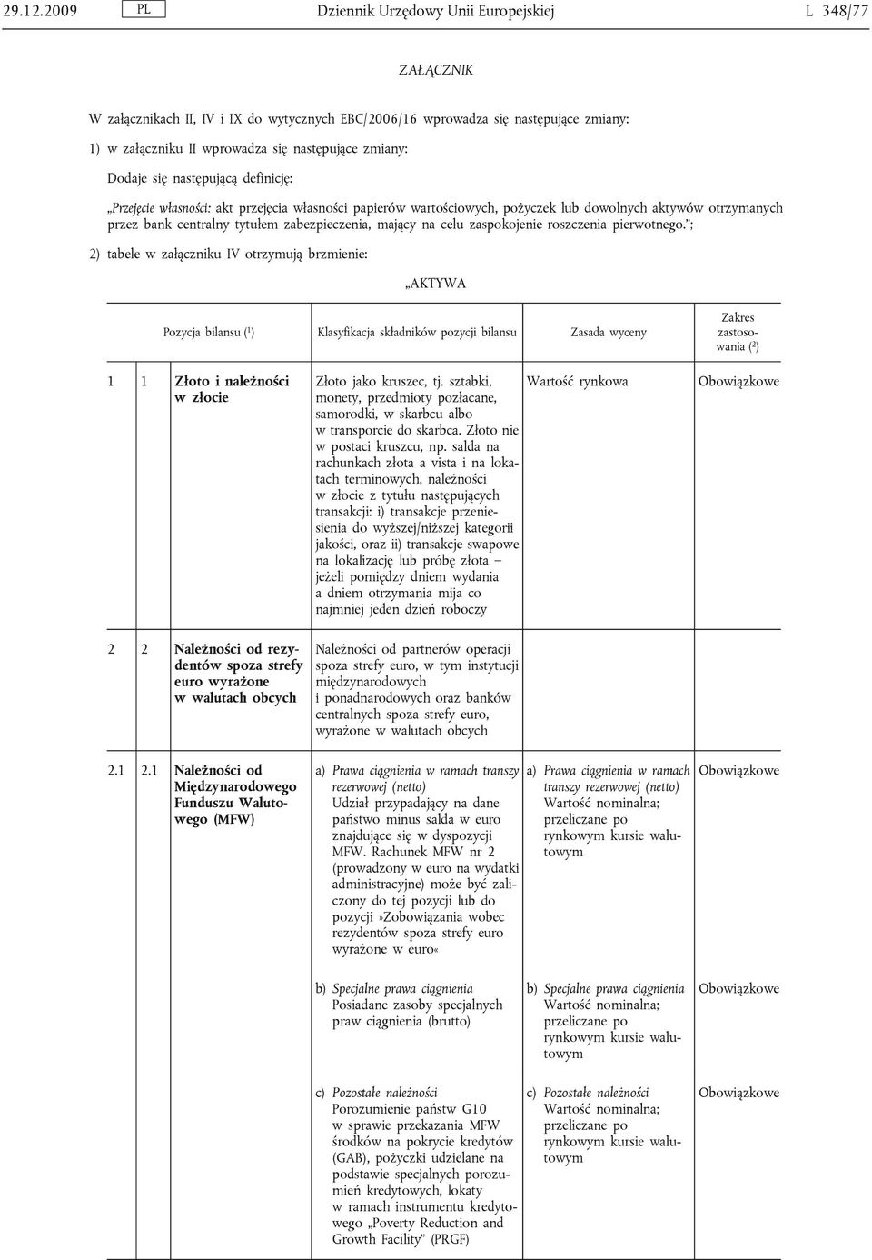 Dodaje się następującą definicję: Przejęcie własności: akt przejęcia własności papierów wartościowych, pożyczek lub dowolnych aktywów otrzymanych przez bank centralny tytułem zabezpieczenia, mający