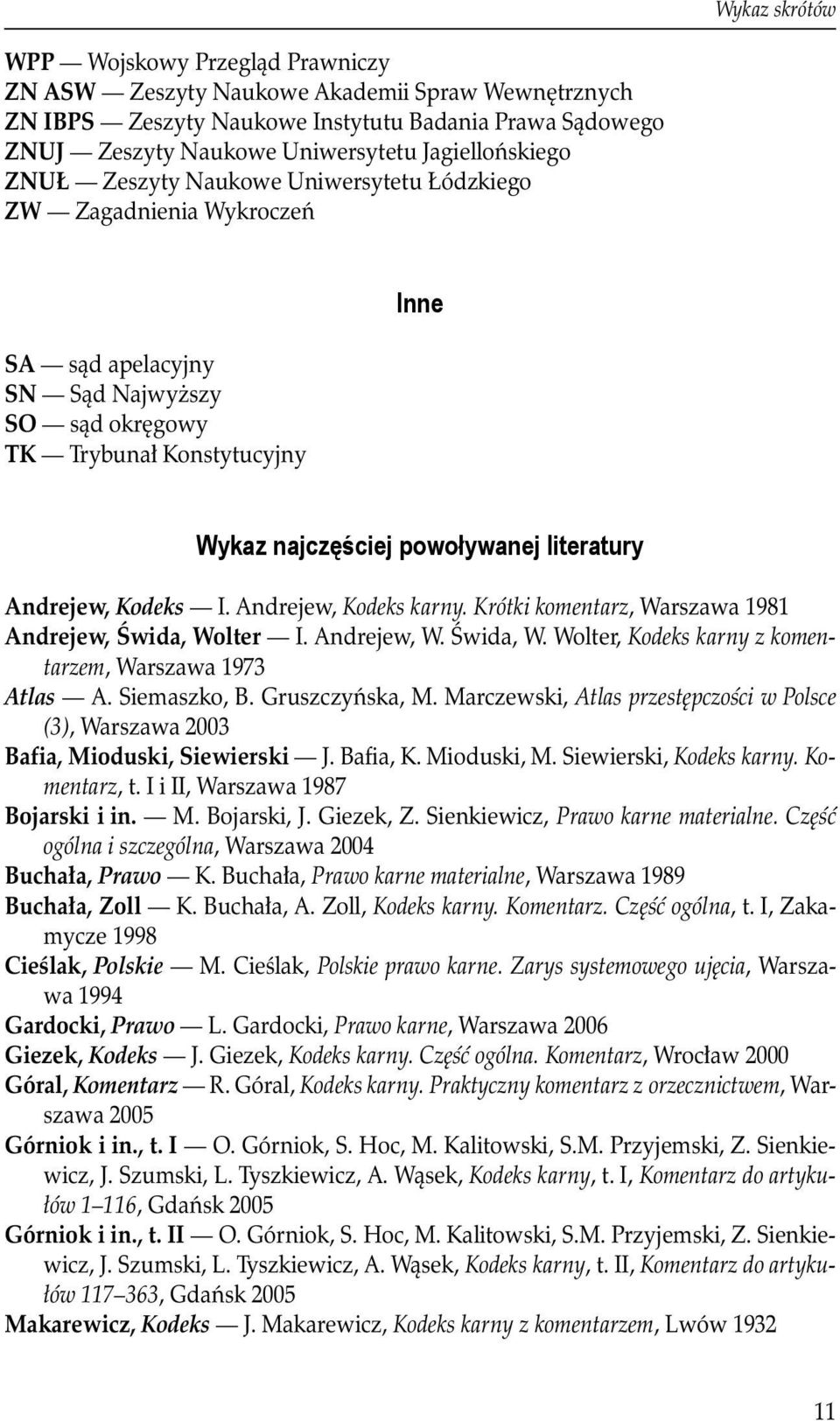 literatury Andrejew, Kodeks I. Andrejew, Kodeks karny. Krótki komentarz, Warszawa 1981 Andrejew, Świda, Wolter I. Andrejew, W. Świda, W. Wolter, Kodeks karny z komentarzem, Warszawa 1973 Atlas A.