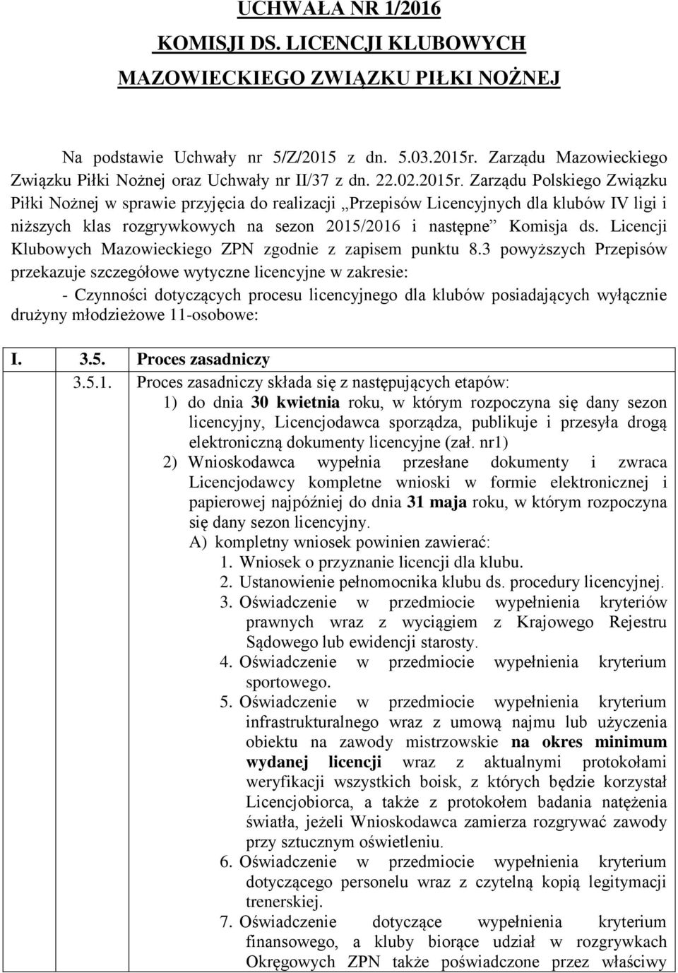 Zarządu Polskiego Związku Piłki Nożnej w sprawie przyjęcia do realizacji Przepisów Licencyjnych dla klubów IV ligi i niższych klas rozgrywkowych na sezon 2015/2016 i następne Komisja ds.